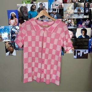 Checkered Button Up And Short Set Pink And White